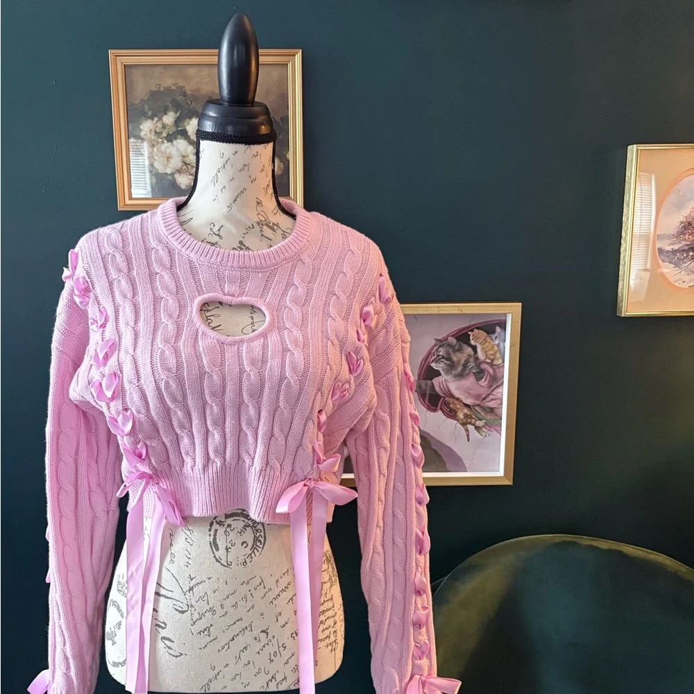 Hot Topic Light Pink Cable Knit Cardigan with Ribbon Accents - Picture 2 of 8